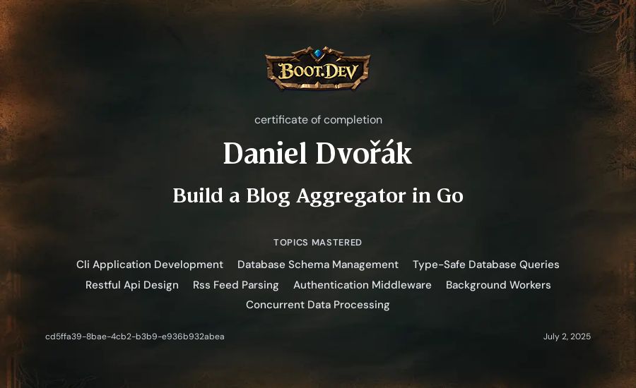 Daniel Dvořák's Boot.dev Build a Blog Aggregator in Go certificate