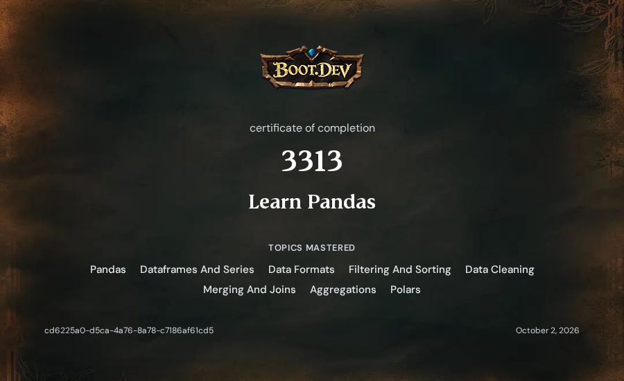 3313's Boot.dev Learn Pandas certificate