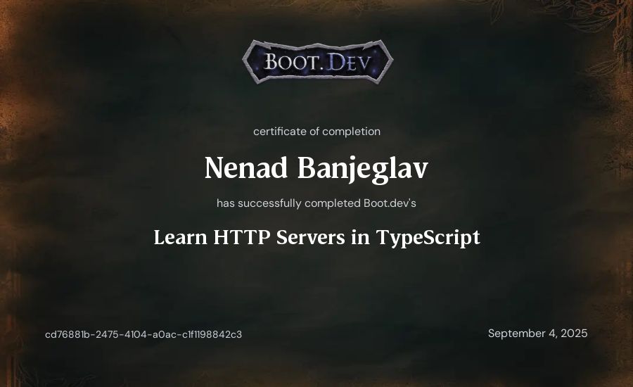 Nenad Banjeglav's Boot.dev Learn HTTP Servers in TypeScript certificate