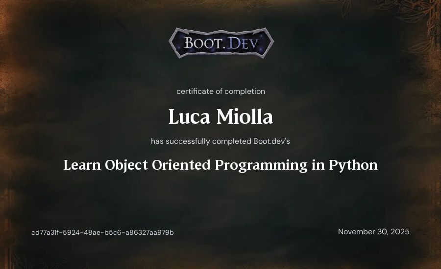 Luca Miolla's Boot.dev Learn Object Oriented Programming in Python certificate