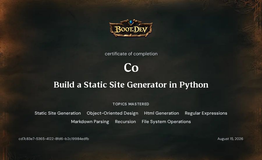 Co's Boot.dev Build a Static Site Generator in Python certificate