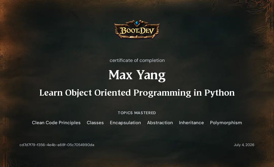 Max Yang's Boot.dev Learn Object Oriented Programming in Python certificate
