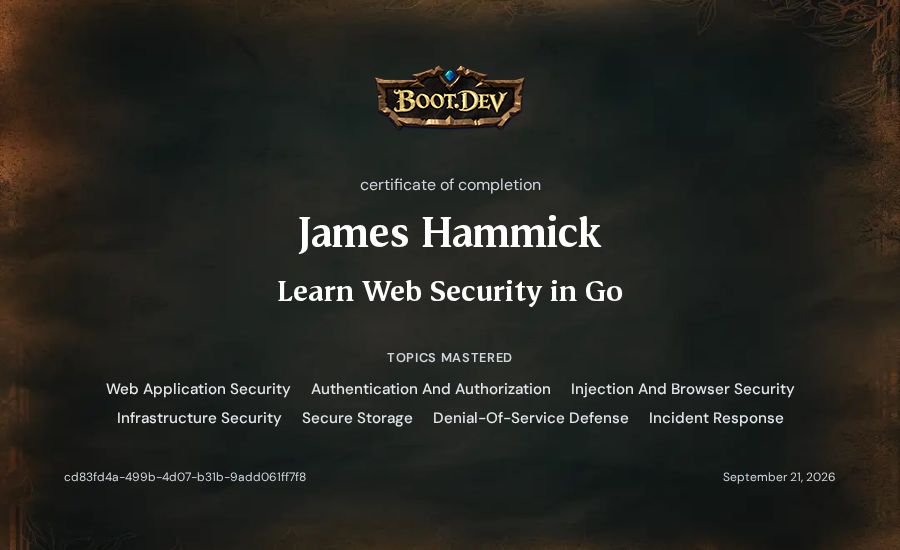James Hammick's Boot.dev Learn Web Security in Go certificate