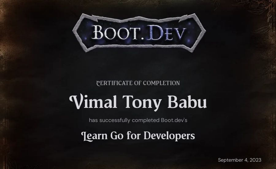Vimal Tony Babu's Boot.dev Learn Go certificate