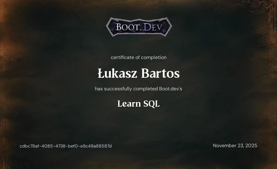 Łukasz Bartos's Boot.dev Learn SQL certificate