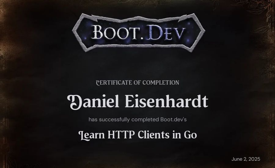 Daniel Eisenhardt's Boot.dev Learn HTTP Clients in Go certificate