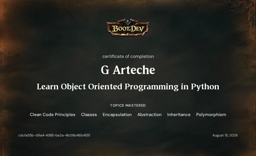 G Arteche's Boot.dev Learn Object Oriented Programming in Python certificate