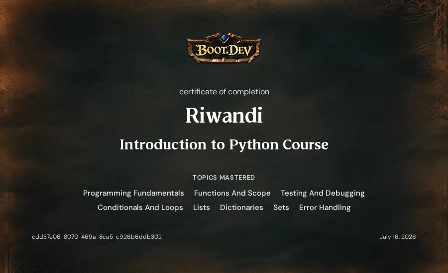 Riwandi's Boot.dev Introduction to Python Course certificate