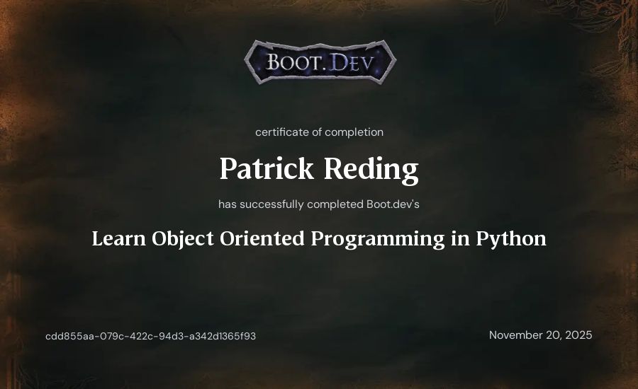 Patrick Reding's Boot.dev Learn Object Oriented Programming in Python certificate