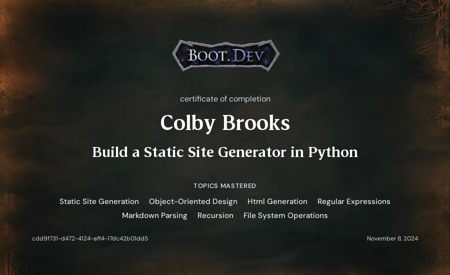 Colby Brooks's Boot.dev Build a Static Site Generator in Python certificate
