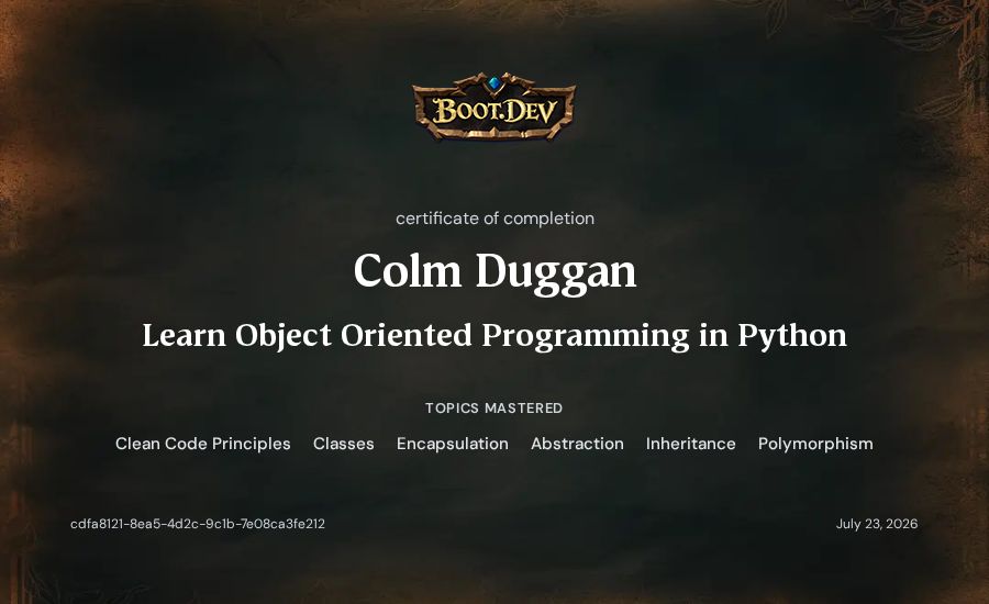 Colm Duggan's Boot.dev Learn Object Oriented Programming in Python certificate