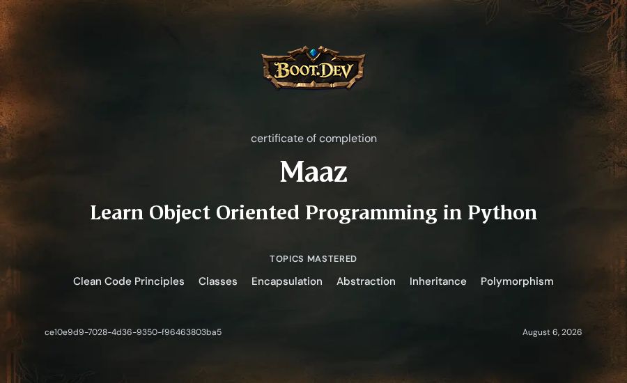 Maaz's Boot.dev Learn Object Oriented Programming in Python certificate