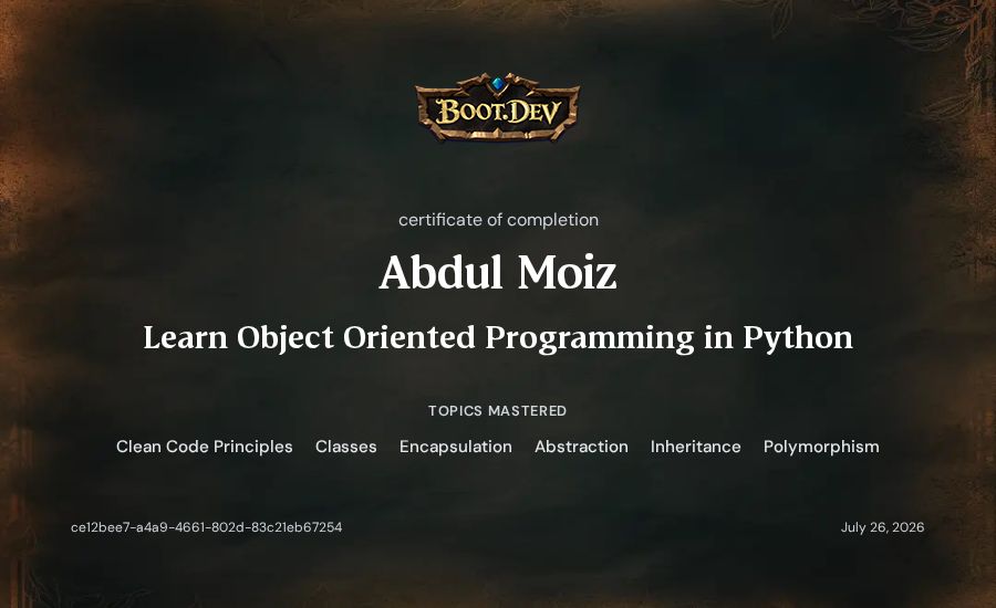 Abdul Moiz's Boot.dev Learn Object Oriented Programming in Python certificate