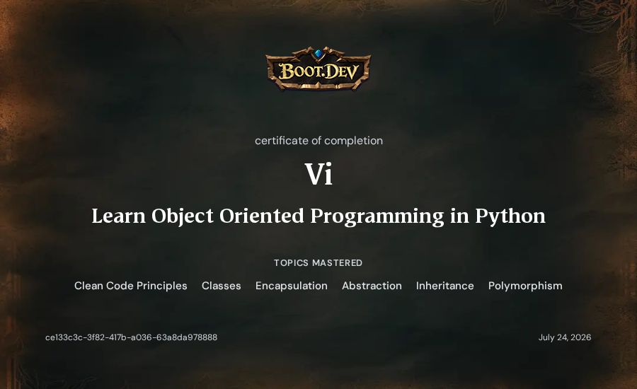 Vi's Boot.dev Learn Object Oriented Programming in Python certificate