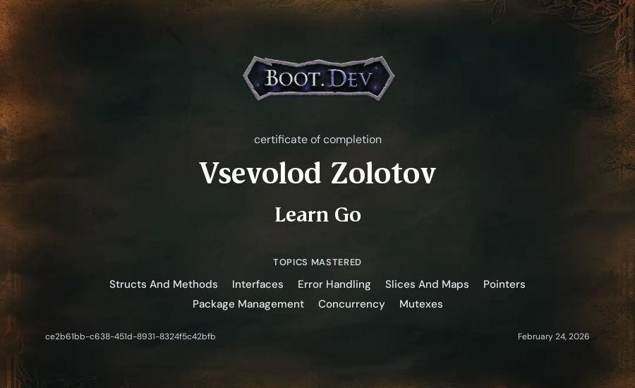 Vsevolod Zolotov's Boot.dev Learn Go certificate