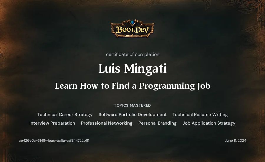 Luis Mingati's Boot.dev Learn How to Find a Programming Job certificate
