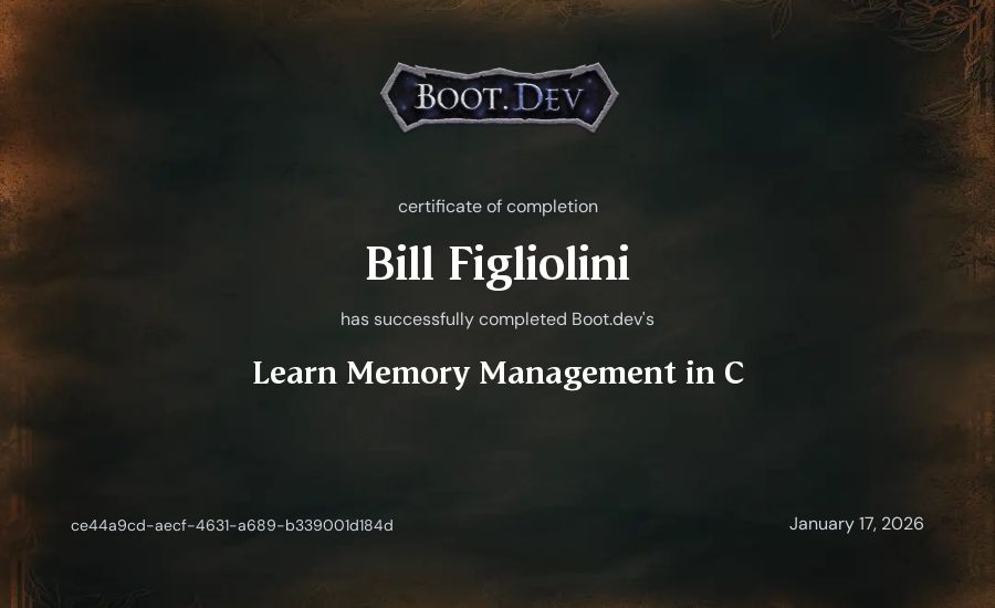 Bill Figliolini's Boot.dev Learn Memory Management in C certificate