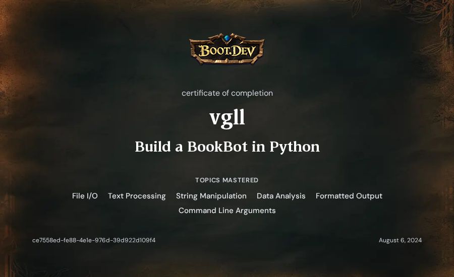 vgll's Boot.dev Build a BookBot in Python certificate
