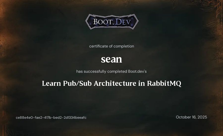 sean's Boot.dev Learn Pub/Sub in RabbitMQ and Go certificate