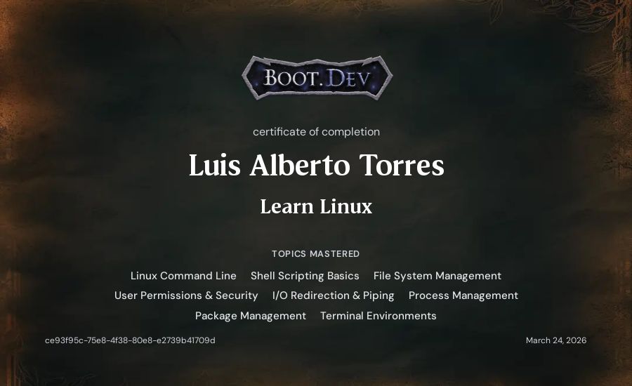 Luis Alberto Torres's Boot.dev Learn Linux certificate