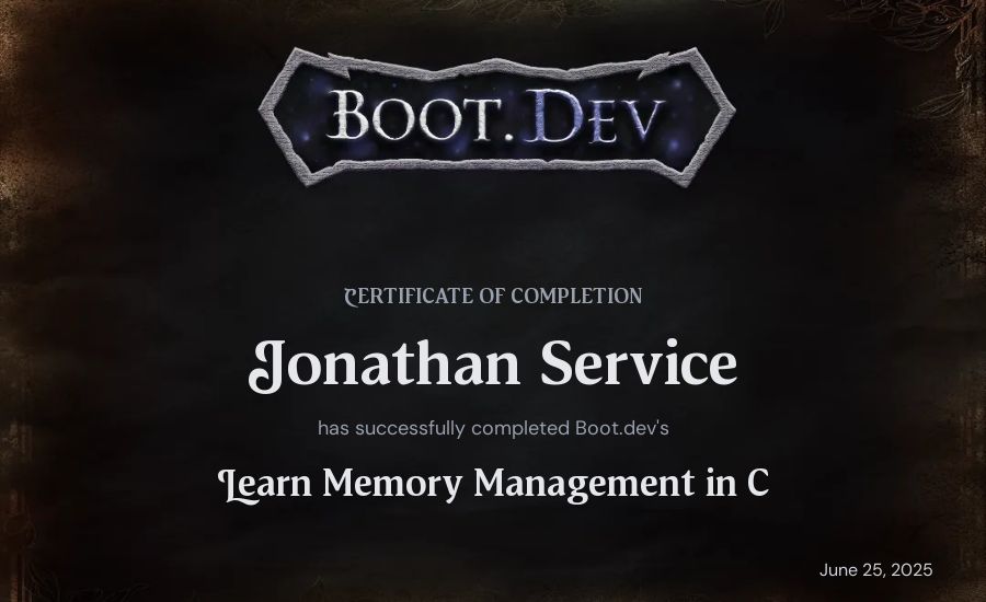 Jonathan Service's Boot.dev Learn Memory Management in C certificate