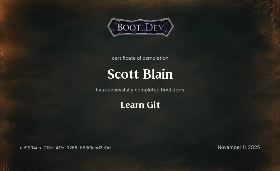 Scott Blain's Boot.dev Learn Git certificate