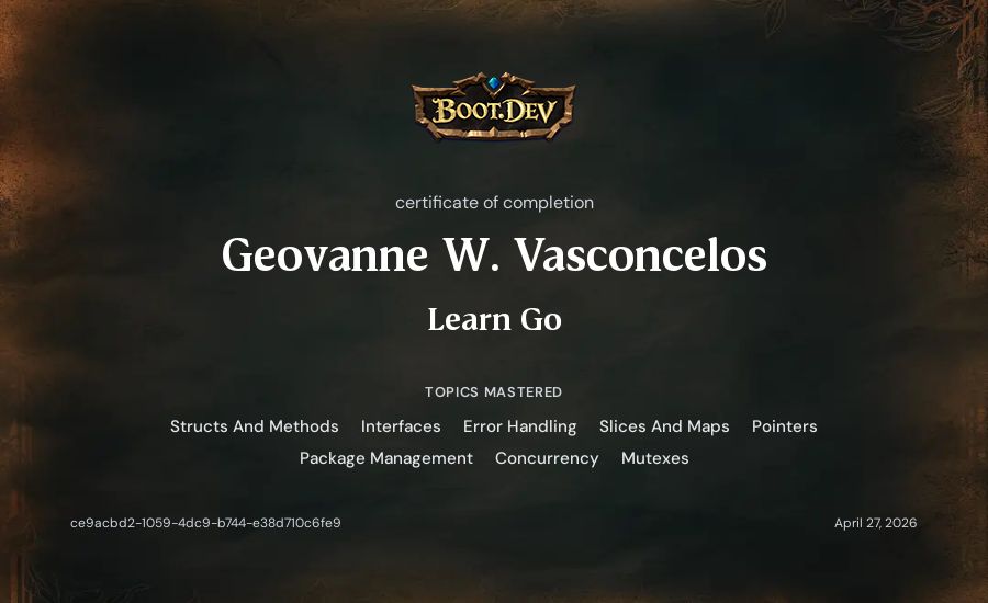 Geovanne W. Vasconcelos's Boot.dev Learn Go certificate