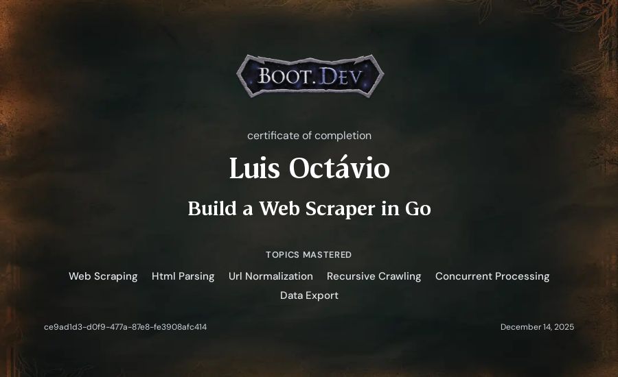 Luis Octávio's Boot.dev Build a Web Scraper in Go certificate