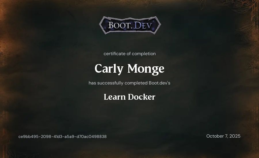 Carly Monge's Boot.dev Learn Docker certificate