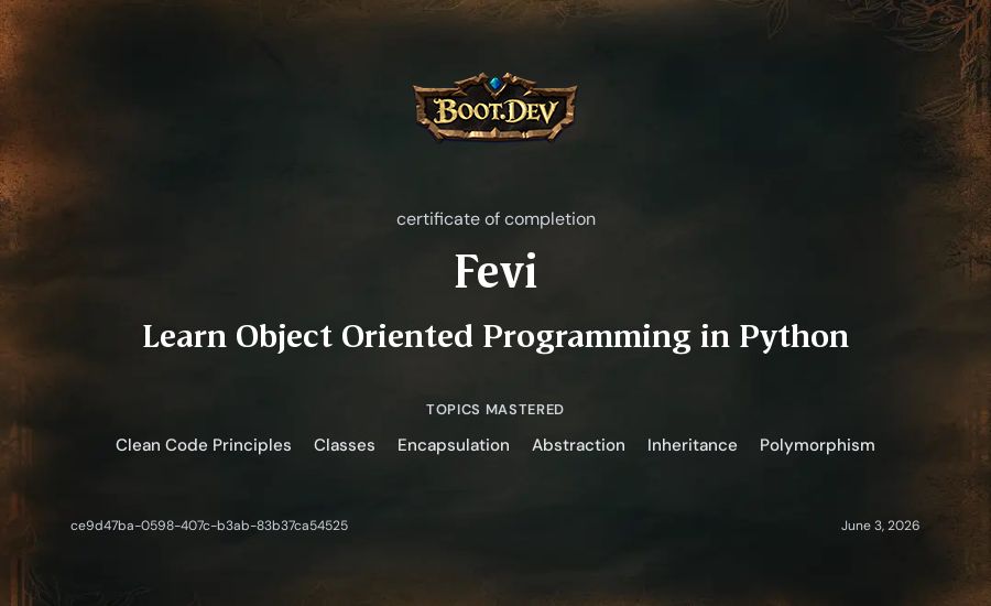 Fevi's Boot.dev Learn Object Oriented Programming in Python certificate