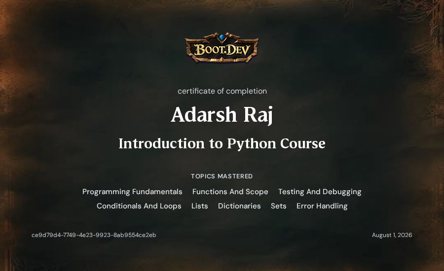 Adarsh Raj's Boot.dev Introduction to Python Course certificate