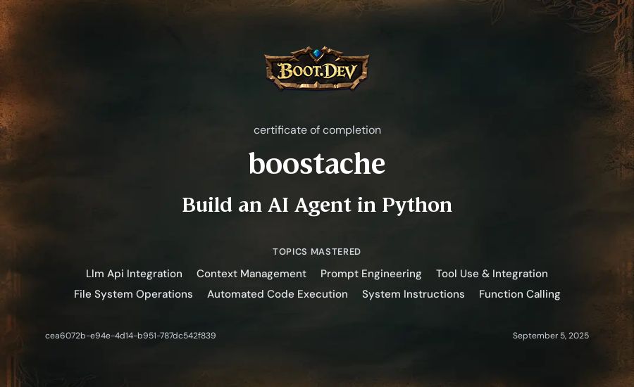 boostache's Boot.dev Build an AI Agent in Python certificate