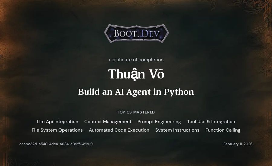 Thuận Võ's Boot.dev Build an AI Agent in Python certificate
