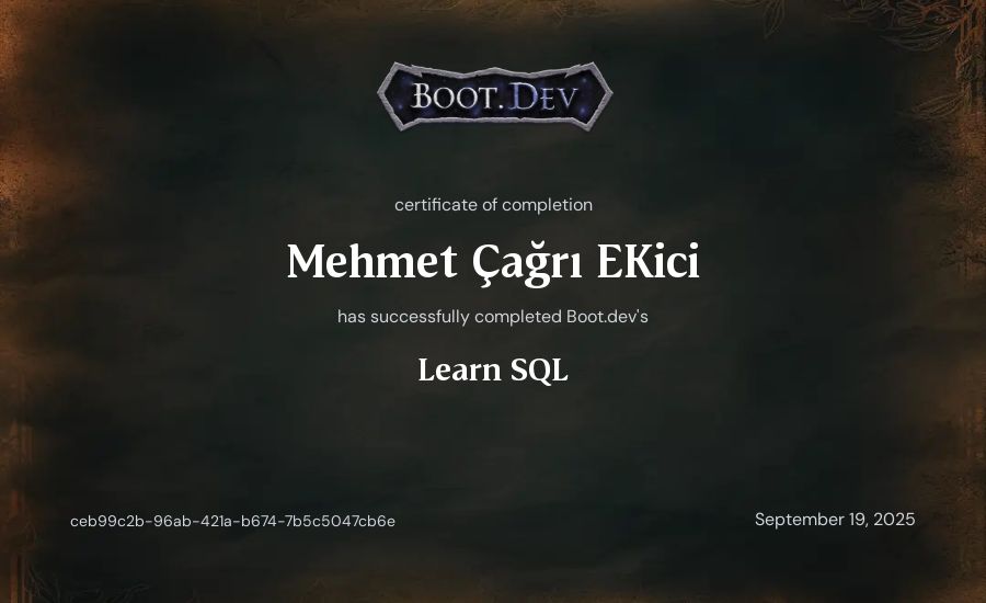Mehmet Çağrı Ekici's Boot.dev Learn SQL certificate