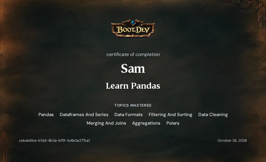 Sam's Boot.dev Learn Pandas certificate