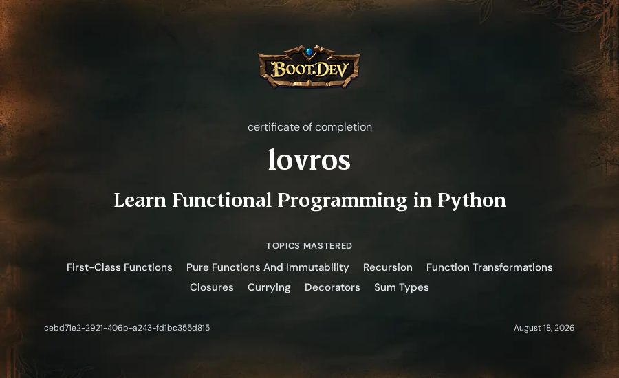 lovros's Boot.dev Learn Functional Programming in Python certificate