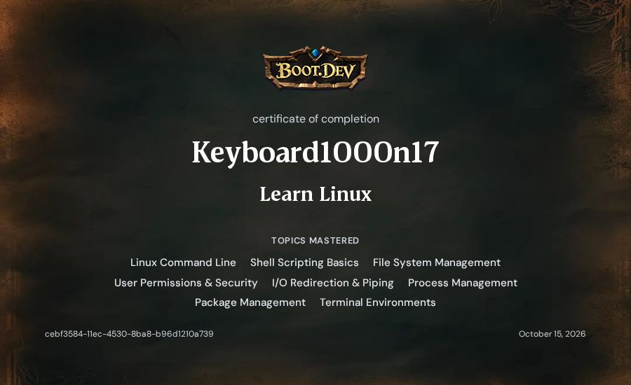 Keyboard1000n17's Boot.dev Learn Linux certificate