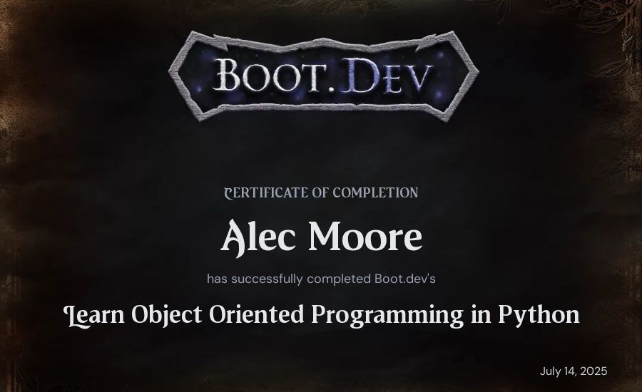 Alec Moore's Boot.dev Learn Object Oriented Programming in Python certificate