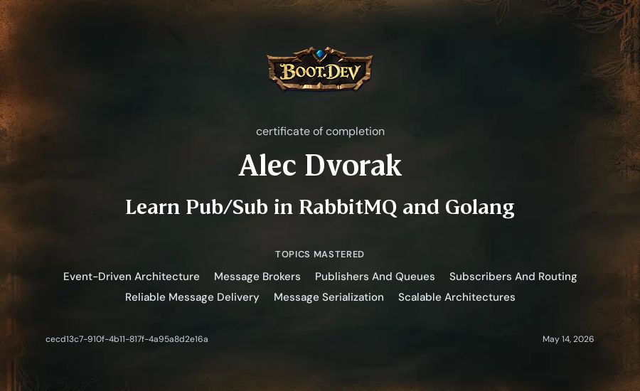 Alec Dvorak's Boot.dev Learn Pub/Sub in RabbitMQ and Go certificate