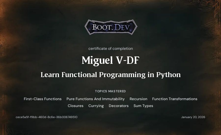 Miguel Vitta's Boot.dev Learn Functional Programming in Python certificate