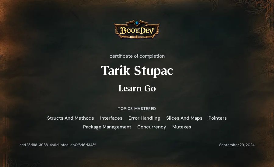 Tarik Stupac's Boot.dev Learn Go certificate