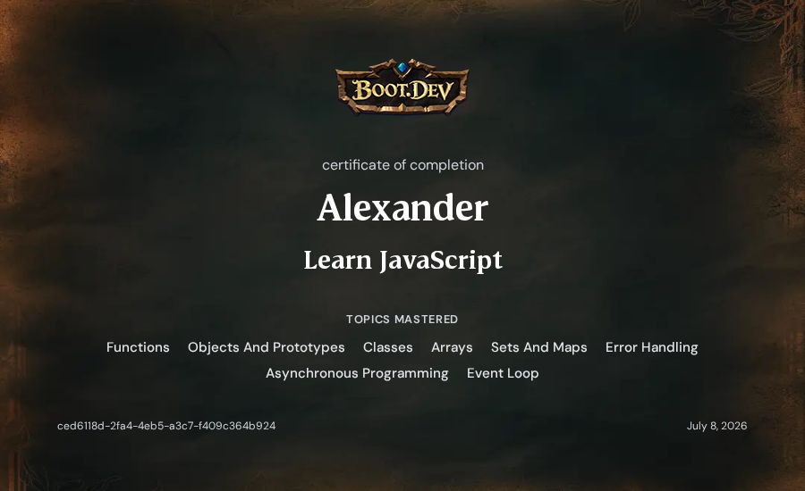 Alexander's Boot.dev Learn JavaScript certificate