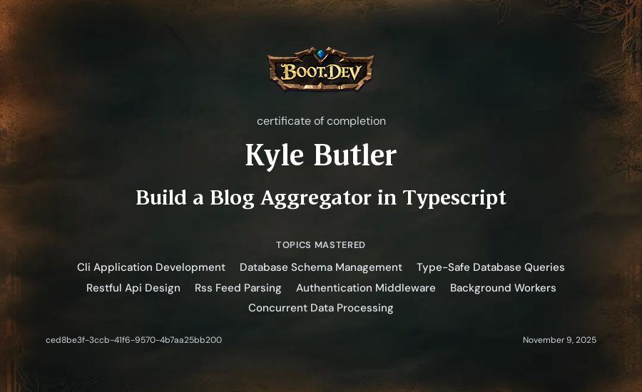 Kyle Butler's Boot.dev Build a Blog Aggregator in TypeScript certificate