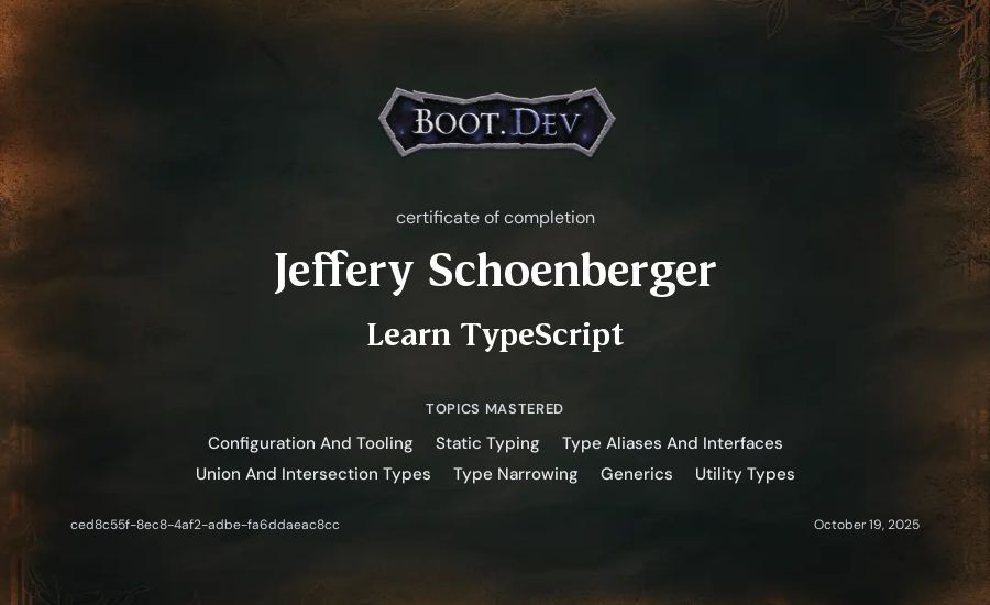 Jeff Schoenberger's Boot.dev Learn TypeScript certificate