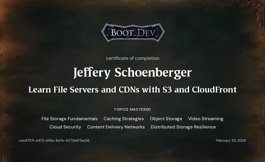 Jeff Schoenberger's Boot.dev Learn File Servers and CDNs with S3 and CloudFront certificate
