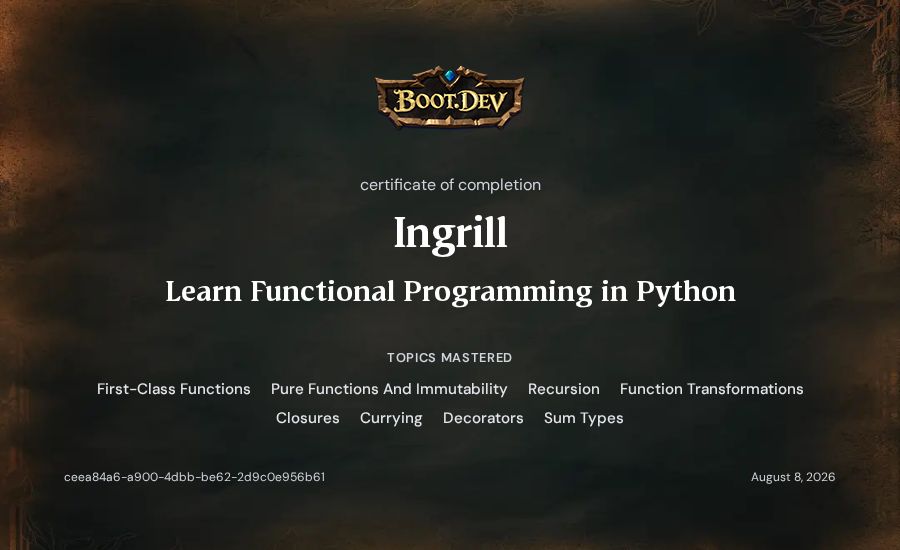 Ingrill's Boot.dev Learn Functional Programming in Python certificate