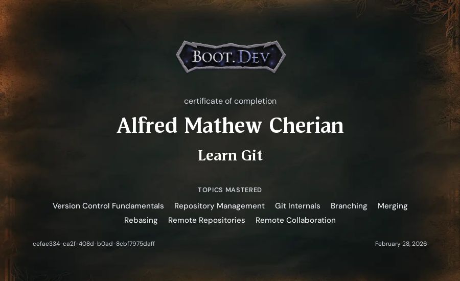 Alfred Mathew Cherian's Boot.dev Learn Git certificate