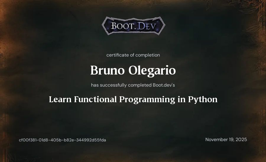 Bruno Olegario's Boot.dev Learn Functional Programming in Python certificate