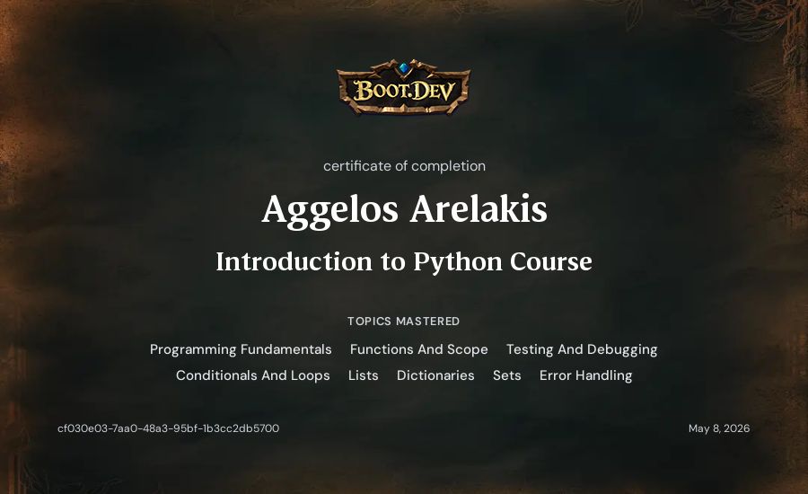 Aggelos Arelakis's Boot.dev Introduction to Python Course certificate