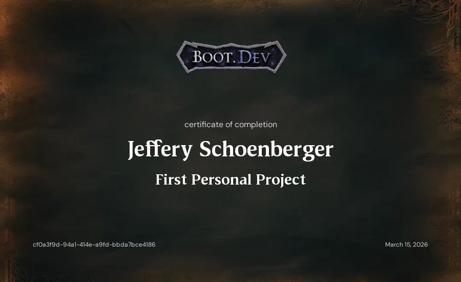 Jeff Schoenberger's Boot.dev First Personal Project certificate